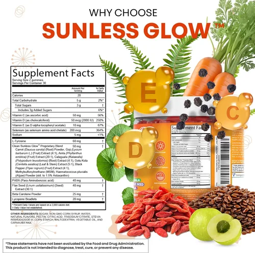 Vista 5 de Gomas bronceadoras de licopeno y betacaroteno sin sol, con astaxantina, vitamina C, D, E, semilla de lino, selenio, amla, tirosina, PABA, pimienta