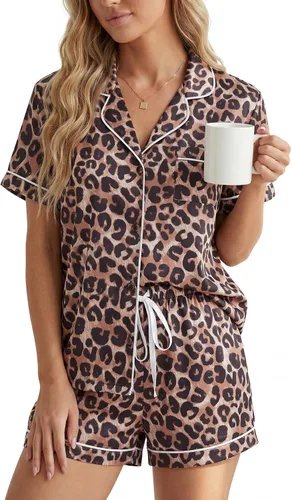 Vista 11 de LYANER Pijama de satén para mujer de seda de 2 piezas de pijama de manga corta con botones Azul brillante