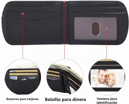 Vista 3 de Cartera plegable de bolsillo frontal con bloqueo RFID de cuero italiano real de Polare ORIGINAL, delgada y curva para hombre, Negro, Pequeña