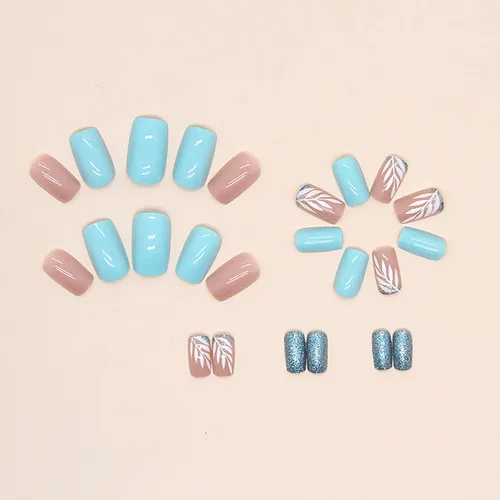 Vista 2 de Uñas postizas cortas cuadradas con forma de ataúd, cobertura completa, reutilizables, con pegamento, uñas adhesivas con diseños de hojas blancas