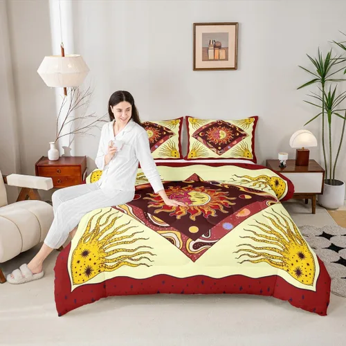 Vista 10 de Juego de edredón de champiñones para niños, tamaño individual, juego de ropa de cama romántica con sol, luna, cielo estrellado y galaxia, decoración