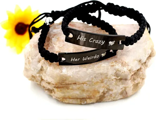 Vista 4 de 1 par de pulseras trenzadas Hademade para parejas, pulseras para hombres y mujeres grabadas con "I Love You 3000, God Gave Me You, His Crazy Her