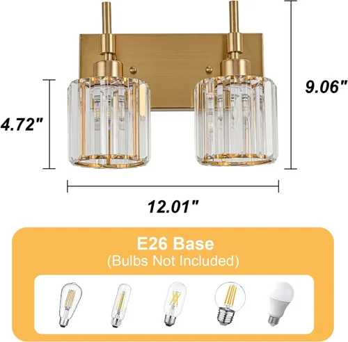 Vista 3 de Lámparas de baño doradas, 2 lámparas de tocador de cristal para baño, luces modernas de latón sobre espejo
