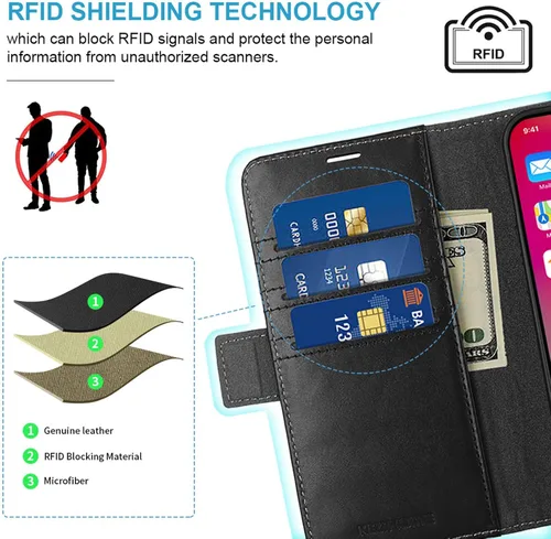 Vista 4 de KEZiHOME Funda de piel auténtica compatible con iPhone 16, con bloqueo RFID, con soporte para tarjetas, función atril magnético, funda protectora