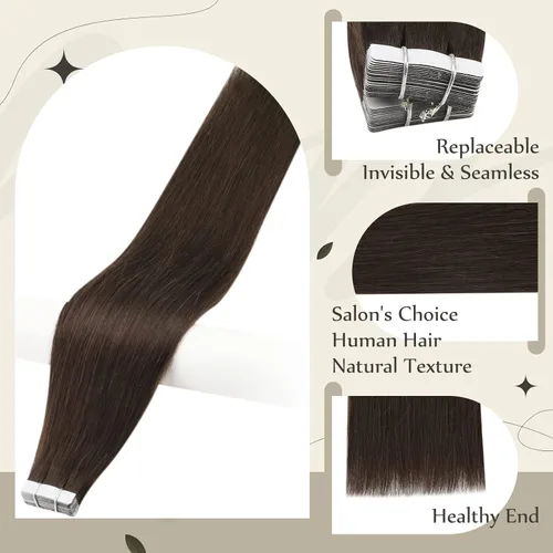 Vista 2 de Full Shine Extensiones de cabello con cinta marrón y extensiones adhesivas de 12 pulgadas, cabello humano real de 2.12 oz para mujer