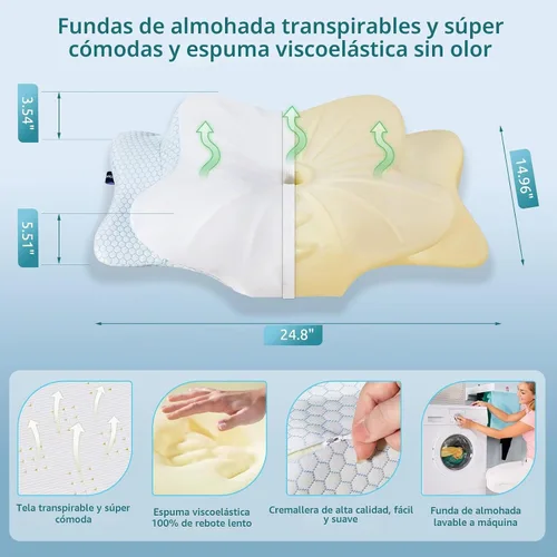Vista 2 de DONAMA - Almohada cervical ortopédica para alivio de dolor del cuello, espuma viscoelástica contorneada, soporte ergonómico para dormir de lado, Azul