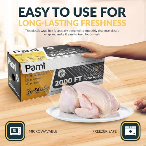Vista 3 de PAMI Envoltura de plástico para alimentos de 12 pulgadas x 2000 pies con cortador deslizante, película elástica segura, sin BPA, apta