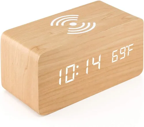 Vista 10 de OCT17 Reloj despertador con almohadilla de carga inalámbrica Qi compatible con iPhone Samsung, reloj digital LED de madera, función de control