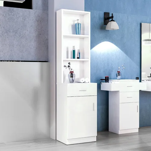 Vista 5 de BNSPLY Armario alto de baño, gabinete estrecho de lino delgado con estantes abiertos de 3 niveles y cajón, torre de lino independiente para baño