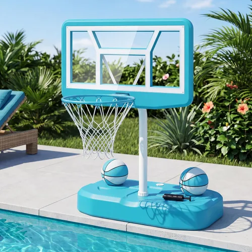 Vista 11 de Goplus Aro de baloncesto para piscina con tablero de policarbonato de 42 pulgadas, 2 bolas, bomba