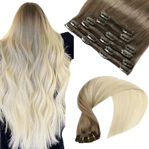Vista 24 de VINBAO Extensiones de cabello humano con clip, balayage, color marrón ceniza a rubio caramelo, 14 pulgadas, 6 unidades, 3.53 onzas, 6