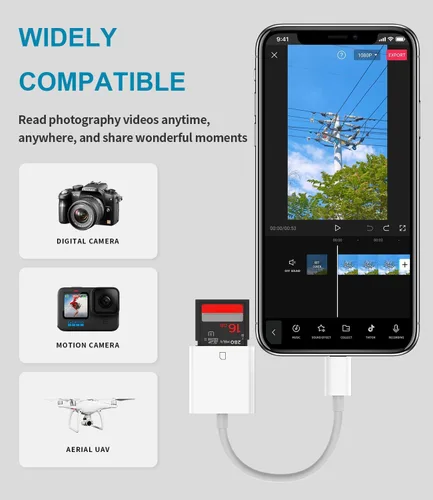 Vista 6 de Lector de tarjetas Lightning a SD para iPhone, adaptador de cámara Lightning, visor de cámara de rastro, tarjeta SD, adaptador de tarjeta de memoria