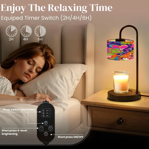 Vista 4 de Candle Warmer Lamp with Timer and Dimmer, Retro Groovy 60s 70s Seamless Old School Psychedelic Hippie Design Wax Melt Warmer with 4 Bulbs, House