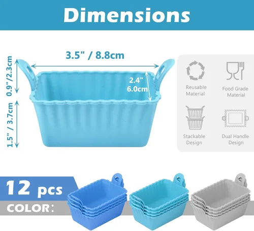 Vista 2 de Koluti Paquete de 12 tazas de silicona antiadherentes para magdalenas, moldes reutilizables para cupcakes con doble asa, libres de BPA, mini