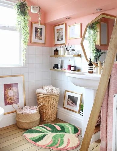 Vista 5 de Alfombra de baño de hoja de Monstera abigarrada, con forma de Monstera tropical, bonita alfombra de baño para decoración de baño, alfombra estética