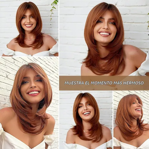 Vista 5 de HAIRCUBE Pelucas Auburn para Mujeres, Pelucas Largas en Capas Naranjas con Flequillo, Pelucas de Fibra Sintética Resistentes al Calor