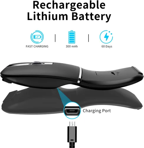 Vista 6 de Ratón de viaje Bluetooth Arc, mouse inalámbrico giratorio recargable ultrafino, modo dual (BT5.0/3.0+2.4G), mouse portátil de arco silencioso Negro