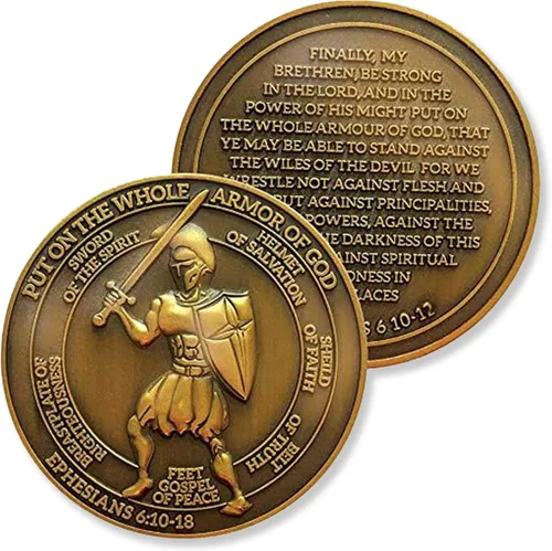 Vista 2 de 1 moneda de desafío de armadura de Dios, versículo bíblico de Efesios 6:10, moneda de desafío cristiano chapada en oro antiguo de 1.75 pulgadas