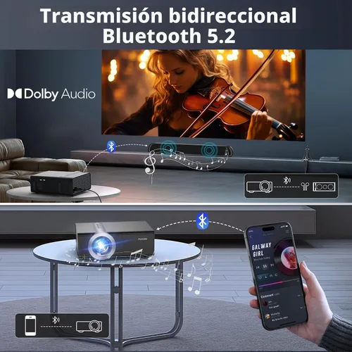 Vista 4 de FUDONI Proyector Bluetooth inteligente WiFi6, aplicaciones integradas Gris Negro