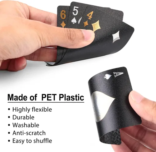 Vista 3 de LotFancy Tarjetas de juego de plástico, 2 barajas, tarjetas de póquer negras frescas con fundas de plástico, impermeables, índice estándar