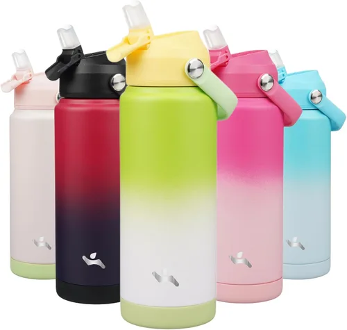 Vista 28 de Konokyo Botella de agua aislada con tapa de pajilla, botella de metal al vacío de acero inoxidable de 18 onzas con mango de silicona, color negro