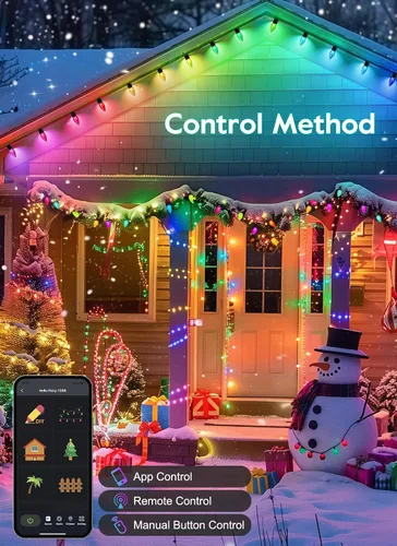Vista 3 de Brightown Luces LED de Navidad C9 para exteriores, 100 LED RGB inteligentes para árbol de Navidad, sincronización de música, control por aplicación
