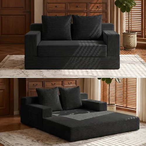 Vista 10 de Sofá cama convertible 2 en 1 sin hueso, sofá cama futón de pana, sofá plegable de compresión, sofá cama con 3 almohadas para dormitorio, sala