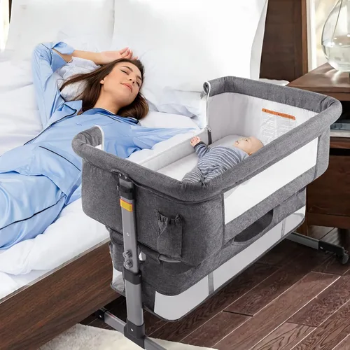 Vista 11 de Ihoming Moisés para bebé, cuna lateral con cesta de almacenamiento, cuna plegable fácil, cama ajustable para bebé recién nacido, gris