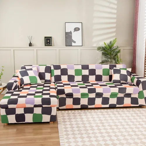Vista 13 de LiveGo Funda de sofá en forma de L, 2 piezas, elástica y elástica de 3 plazas, protector de muebles con 4 fundas de almohada para sala de estar Gris