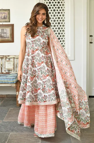 Vista 2 de Janasya Conjunto de túnica Kurta Kurti con estampado floral de algodón blanco y indio para mujer