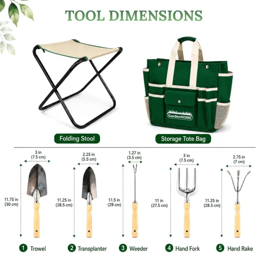 Vista 4 de GardenHOME Juego de herramientas de jardinería de 7 piezas, herramientas de acero inoxidable con asas de madera, taburete plegable y bolsa de lona