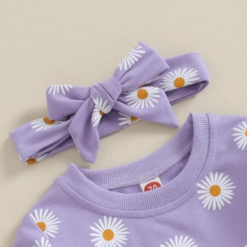 Vista 2 de Conjunto de 3 piezas de sudadera de margaritas + pantalones + diadema, ropa infantil de otoño e invierno