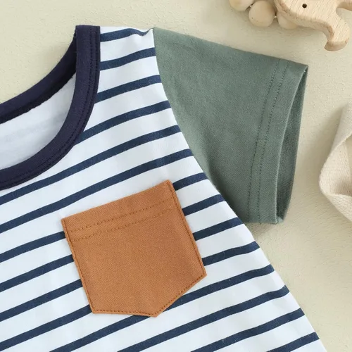 Vista 4 de Sejardin Ropa de verano para bebé niño, camiseta de manga corta con retazos a cuadros, camiseta y pantalones cortos elásticos para niño