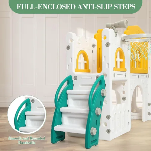 Vista 2 de Juego de toboganes 8 en 1 para niños, centro de actividades para interiores y exteriores, juego de tobogán escalador para niños con aro