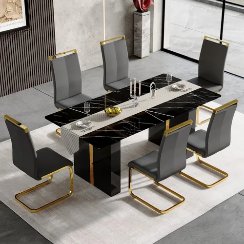 Vista 9 de Mesa de comedor moderna para mesa de comedor de mármol sintético blanco de 6, 8, 71 pulgadas, con patas negras y doradas, mesa de cocina rectangular