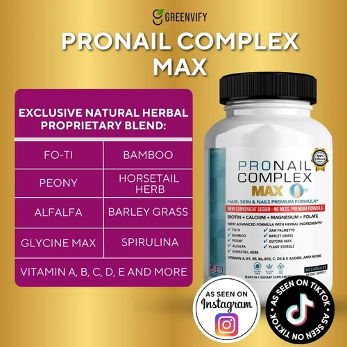 Vista 2 de ProNail Complex Max Suplemento premium para cabello, piel y uñas con biotina y mezcla de hierbas, 60 cápsulas, suministro para 30 días (1)