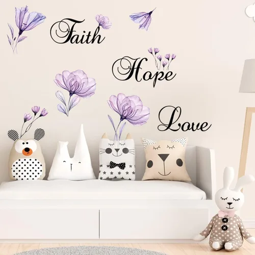 Vista 2 de Lchen Faith Hope Love - Adhesivo decorativo para pared, diseño de flores de lirio morado, decoración de fondo para el hogar, adhesivo de arte