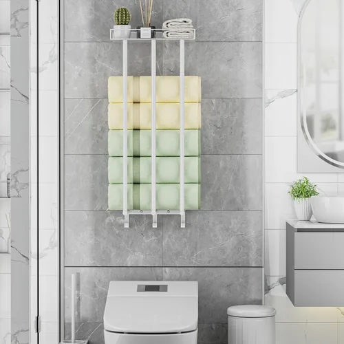 Vista 5 de Ovicar Toalleros para baño – Almacenamiento de toallas enrolladas montadas en la pared con estante de metal y 3 ganchos, 3 barras de pared para baño