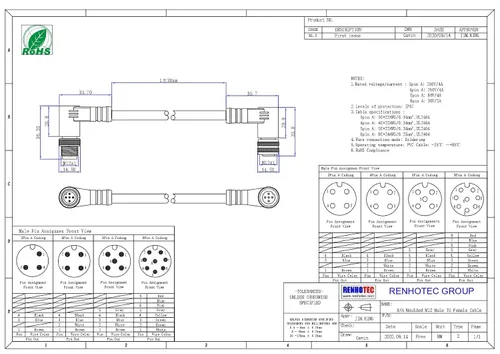 Vista 2 de Elecbee M12 Conector de ángulo recto macho a hembra A-Coding 1M AWG22 hembra a macho Cable M12 (5 pines)
