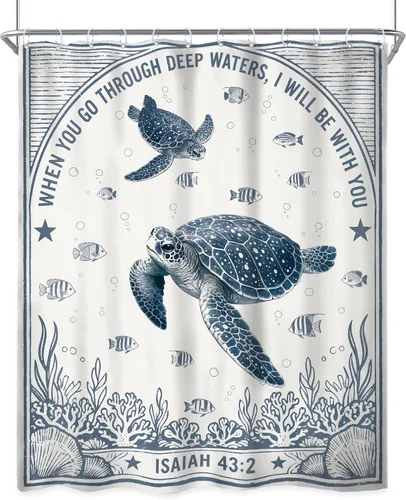 Vista 8 de Riyidecor Ocean Turtle Bible Verse Rustic Navy Bathroom Shower Curtain Set