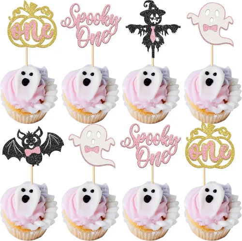 Vista 23 de Paquete de 24 adornos para cupcakes de Halloween con purpurina rosa, fantasma, pequeño abucheo, murciélago, bruja, gato, calabaza, magdalena