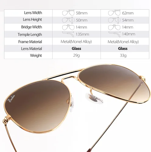 Vista 4 de Berikin Gafas de sol clásicas estilo aviador para hombres y mujeres, 100% protección UV400, lentes de cristal degradado marrón, marco de metal dorado