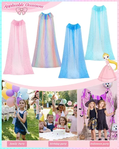 Vista 7 de Jecery 4 capas de princesa para niños, capa de tul de hada, disfraz de princesa para niñas, cosplay, fiesta de cumpleaños, disfraz de Halloween, 4