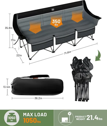 Vista 3 de Timber Ridge Silla de campamento acolchada para 3 personas con portavasos y bolsillos, sillas de campamento plegables para exteriores, capacidad