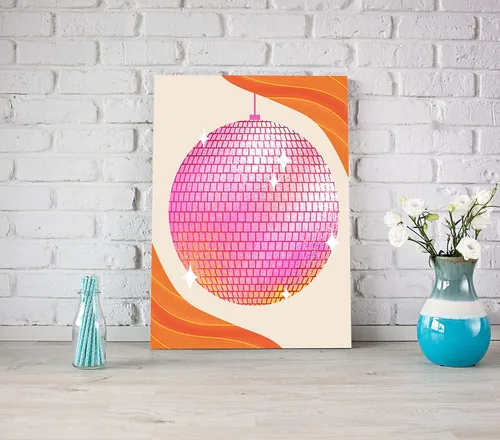 Vista 2 de LiTiu Lienzo decorativo para pared con diseño de coqueta rosa, estilo retro y moderno, diseño de bola de discoteca de los años 70, 11 x 14 pulgadas