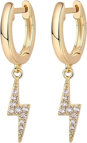 Vista 3 de PAVOI Aretes colgantes de plata de ley S925 chapados en oro de 14 quilates para mujer, diseño de estrella, cerradura, mariposa, luna, relámpago