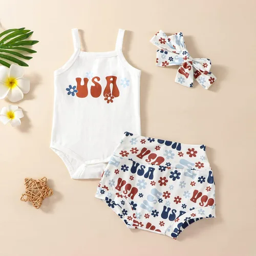 Vista 2 de Conjunto patriótico de 3 piezas para bebé niña del 4 de julio, camiseta sin mangas, camiseta sin mangas, camiseta sin mangas, pantalones cortos