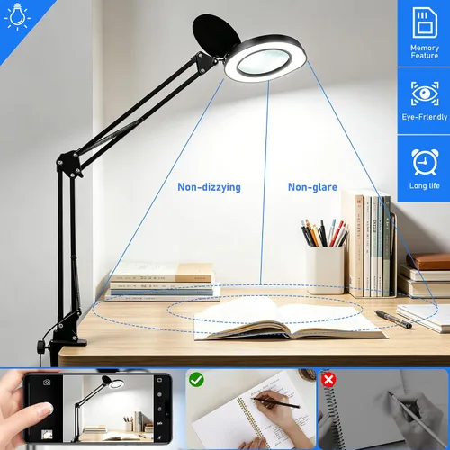Vista 6 de Lupa grande de 10 veces con luz y soporte, lámpara de escritorio LED con abrazadera, 5 modos de color, 10 niveles regulables, manos libres para Negro