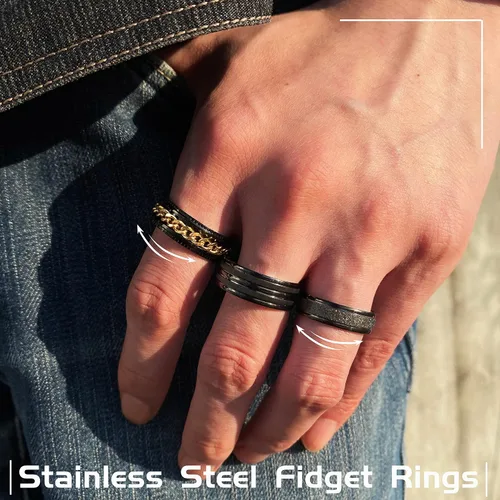 Vista 2 de Anillos negros de acero inoxidable para hombres, juego de anillos de promesa de boda para hombres, anillos de ansiedad simples y geniales