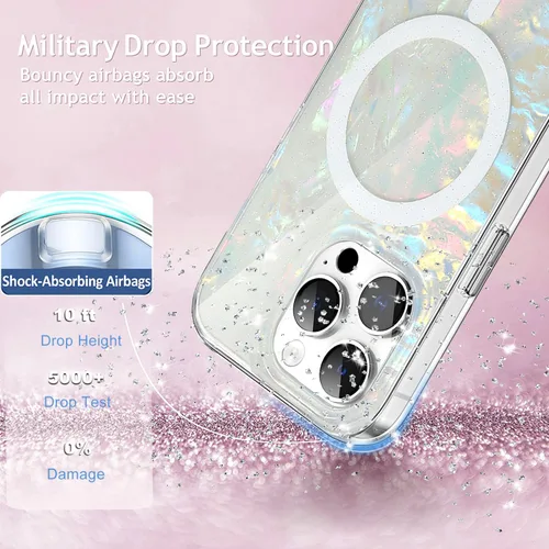 Vista 6 de Funda MagSafe para iPhone 15 Pro para mujeres y niñas, funda magnética iridiscente con purpurina iridiscente de ópalo perlado